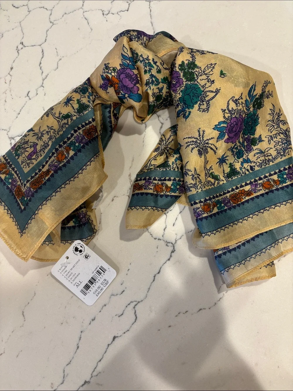 Free People Sheer Floral Scarf in Mustard with Teal and Purple Accents NWT